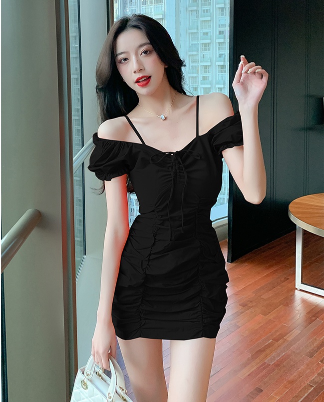 Fold summer strap dress puff sleeve dress