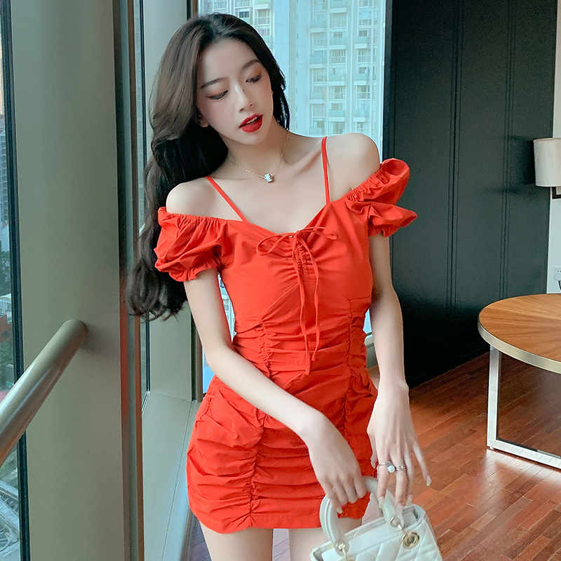 Fold summer strap dress puff sleeve dress