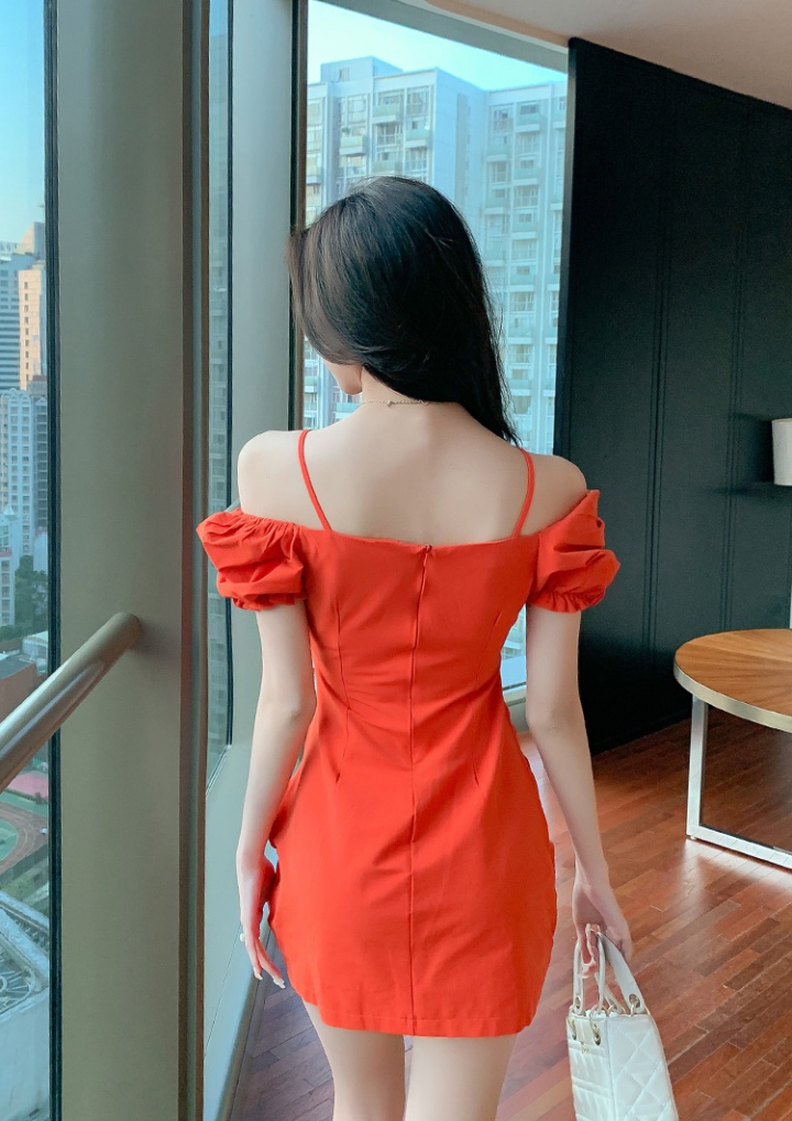 Fold summer strap dress puff sleeve dress