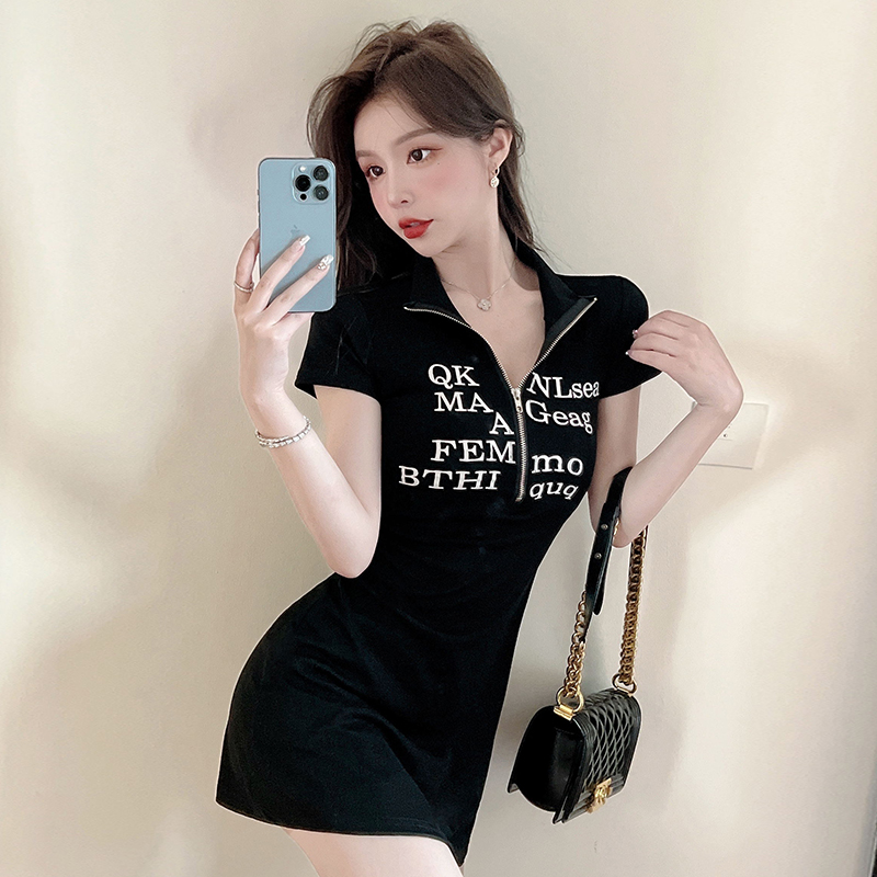 Maiden fashion slim dress zip letters T-shirt for women