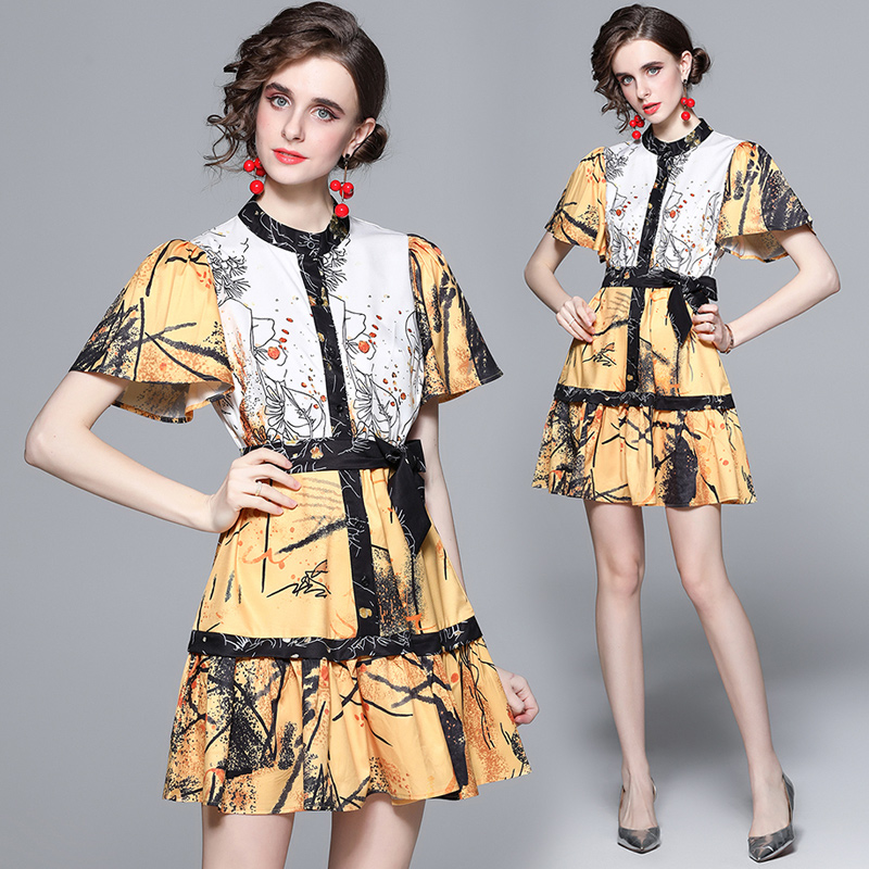 Printing retro pinched waist spring and summer pullover dress