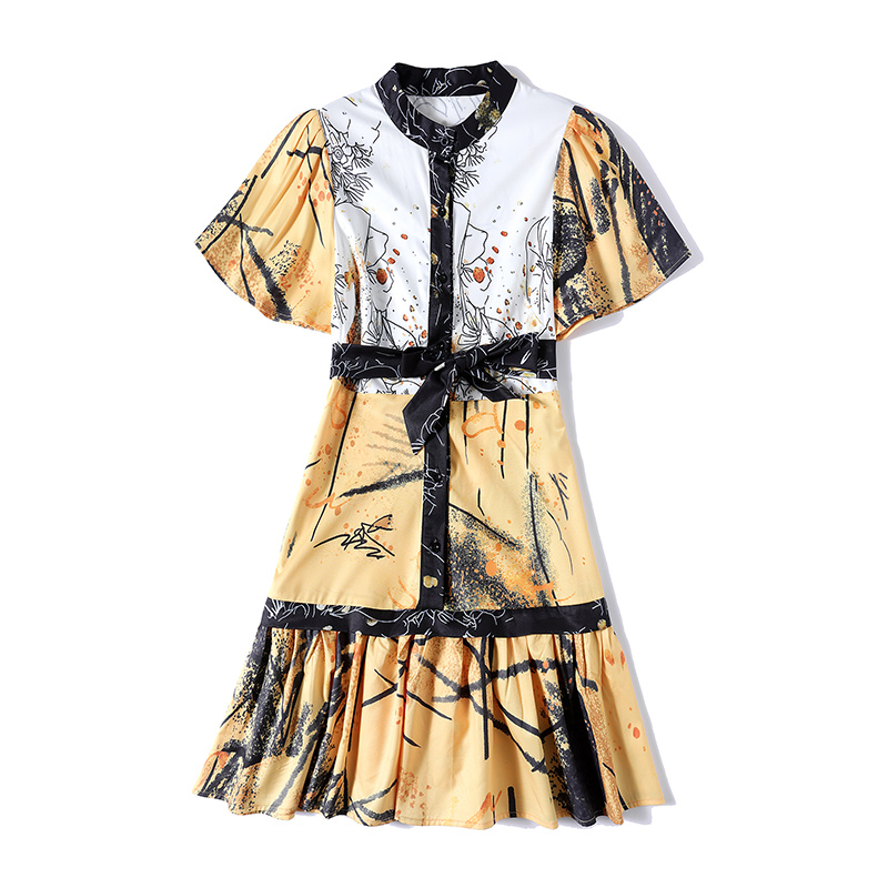 Printing retro pinched waist spring and summer pullover dress