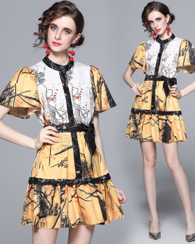 Printing retro pinched waist spring and summer pullover dress