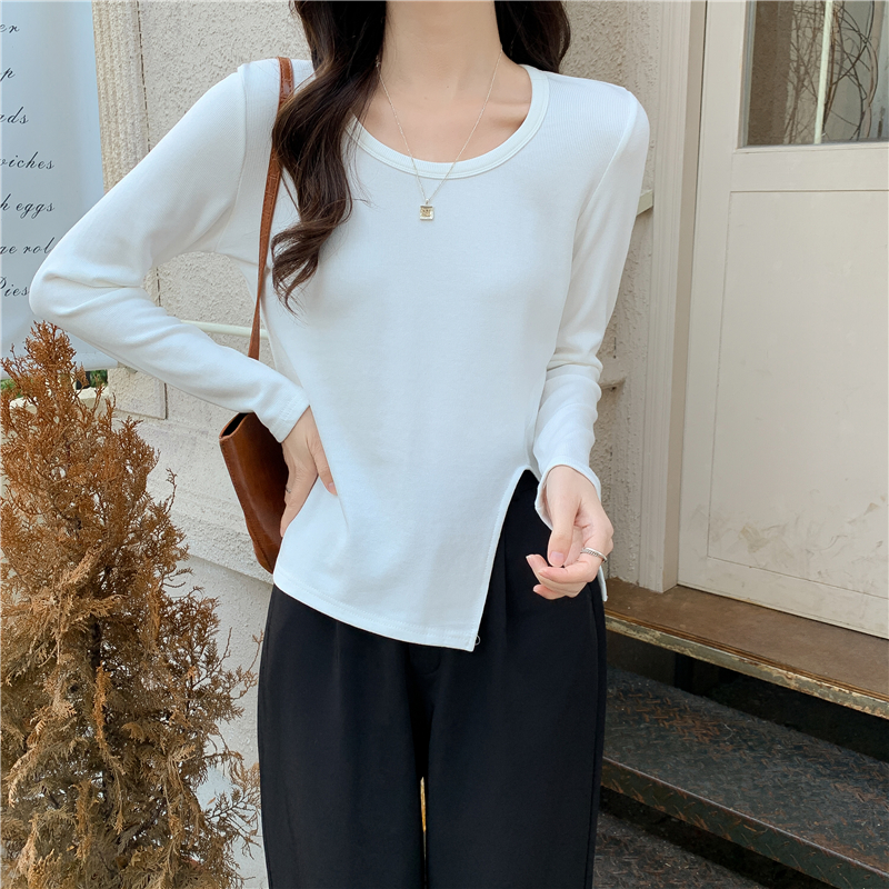 Irregular hem pullover tops slit slim T-shirt for women