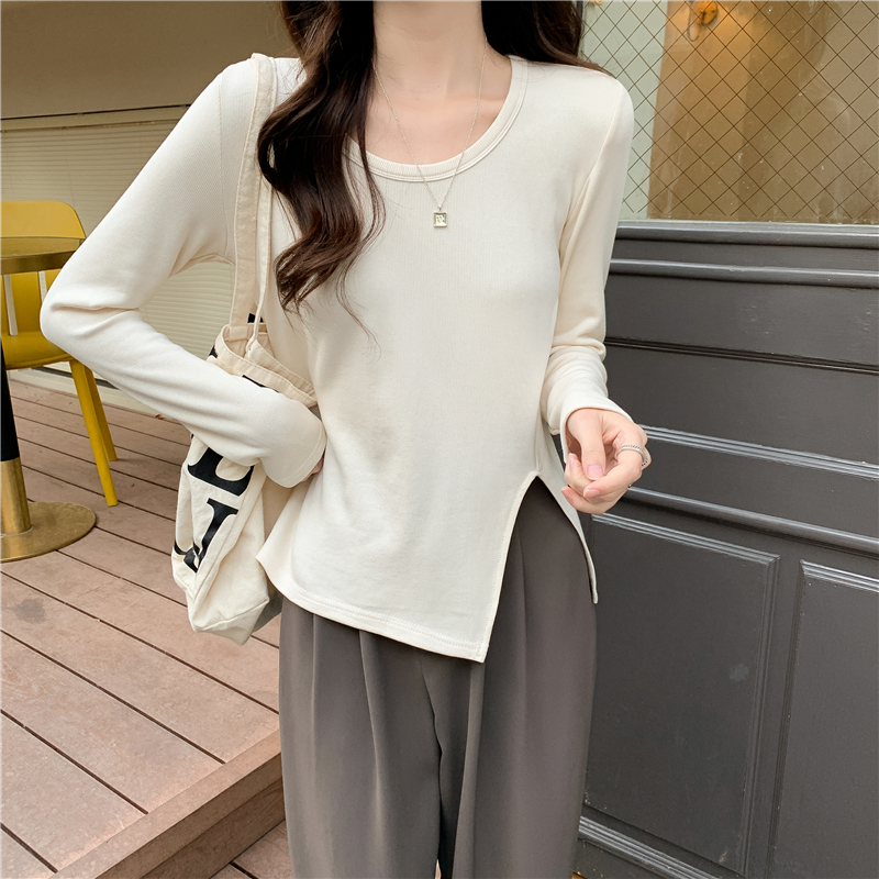 Irregular hem pullover tops slit slim T-shirt for women