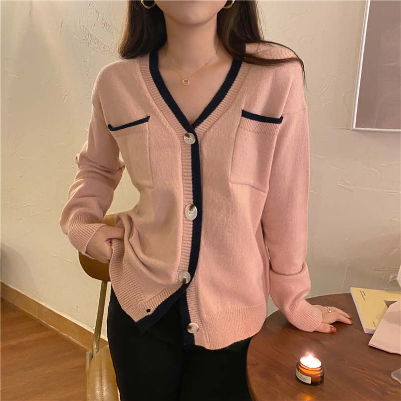 Spring knitted mixed colors coat loose V-neck cardigan