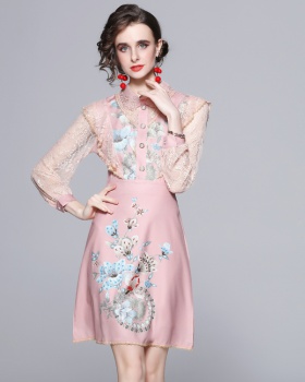 Sweet lace European style splice printing dress