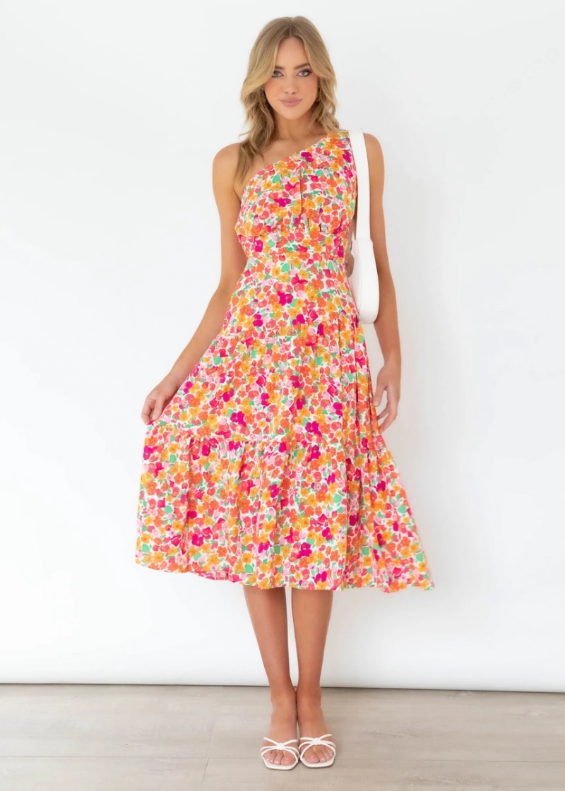 Splice spring sloping shoulder printing big skirt dress
