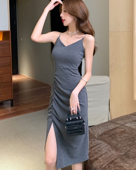 Chain sexy slit formal dress tight package hip dress