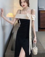 Split long sexy formal dress slim streamer bow dress