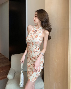 Sexy slim printing cheongsam hollow retro short dress