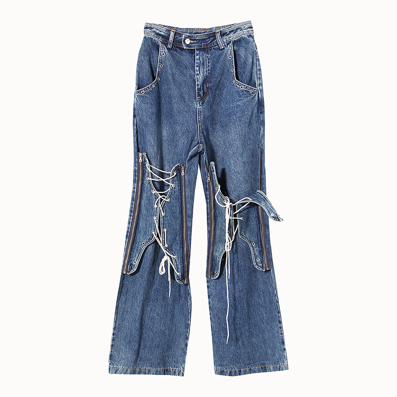 Autumn and winter blue bandage loose jeans for women