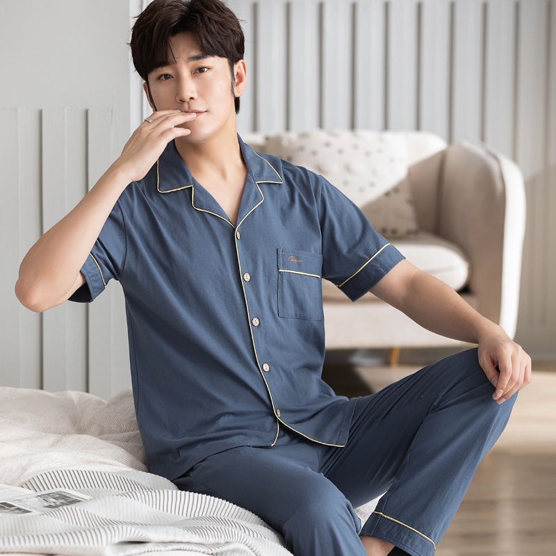 Lapel pure cotton cardigan pure pajamas for men