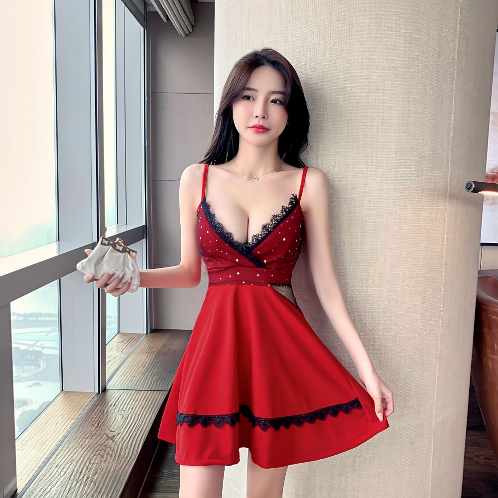 Gauze sling splice slim big skirt hollow fashion dress