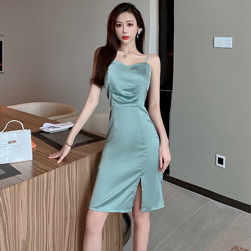 Satin temperament sling unique split France style slim dress