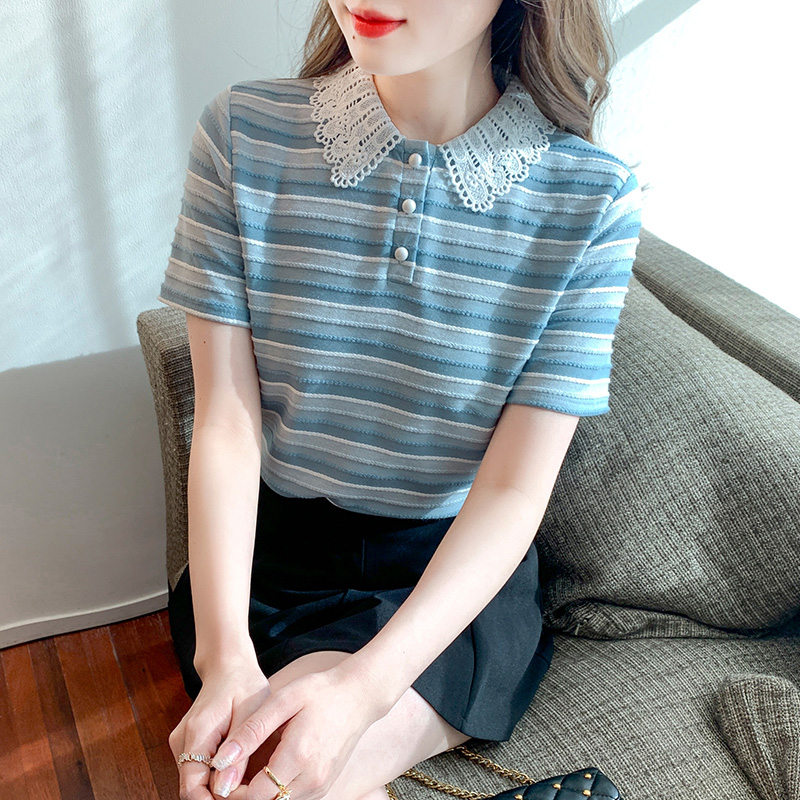 Embroidery knitted T-shirt stripe tops for women