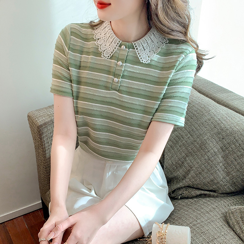 Embroidery knitted T-shirt stripe tops for women