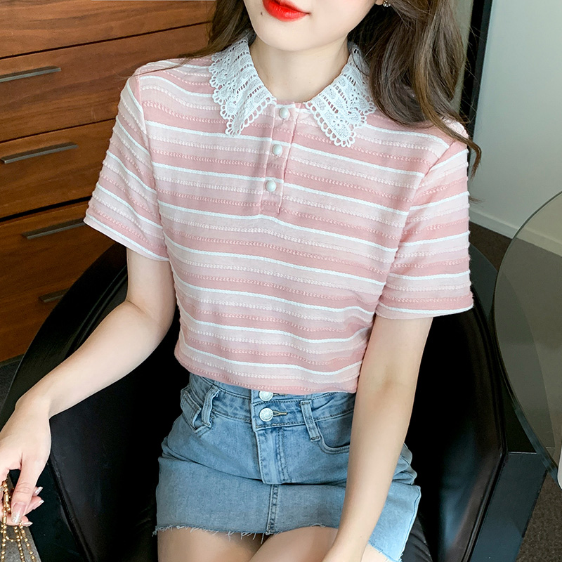 Embroidery knitted T-shirt stripe tops for women