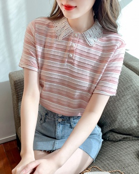 Embroidery knitted T-shirt stripe tops for women