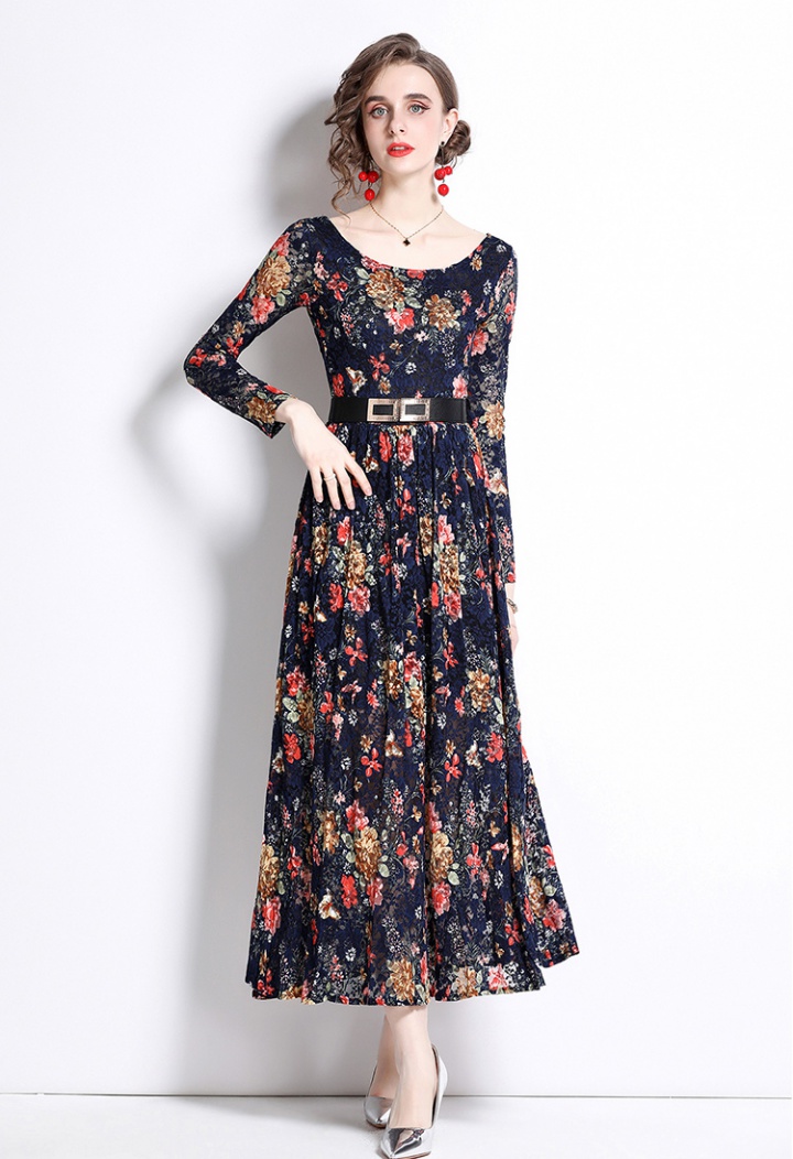 Printing round neck autumn long dress for women