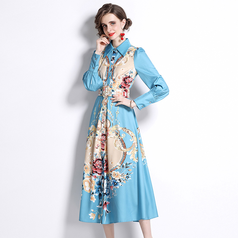 Spring long sleeve pinched waist printing lapel dress