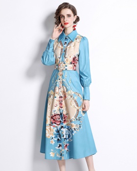 Spring long sleeve pinched waist printing lapel dress