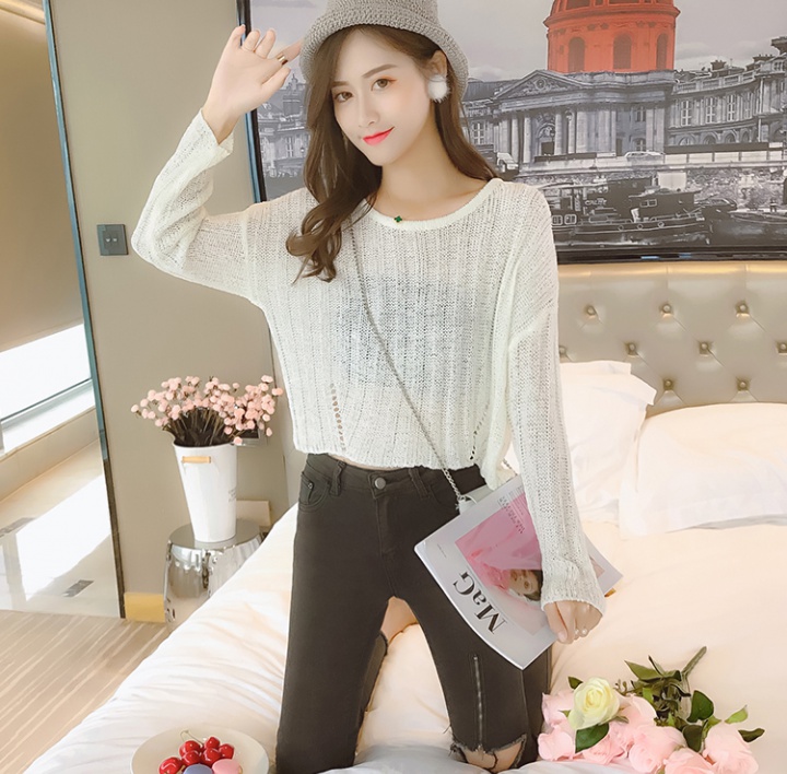 Hollow spring thin round neck short sweater for women