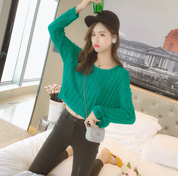 Hollow spring thin round neck short sweater for women