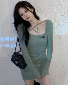 Pinched waist knitted square collar spring dress