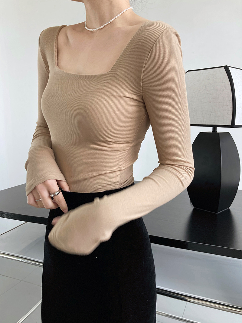 Square collar long sleeve T-shirt slim short tops for women