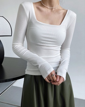 Square collar long sleeve T-shirt slim short tops for women