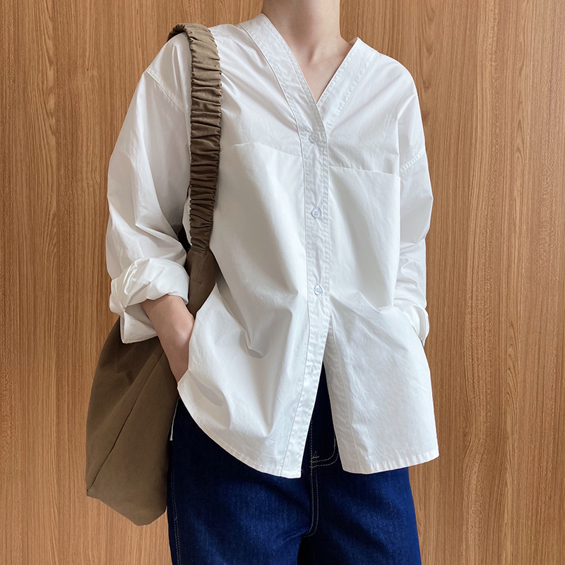 France style spring V-neck long sleeve simple lazy shirt