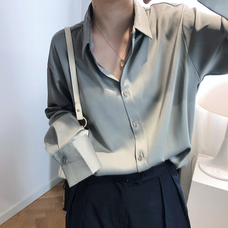 Spring and autumn satin tops pure chiffon shirt for women