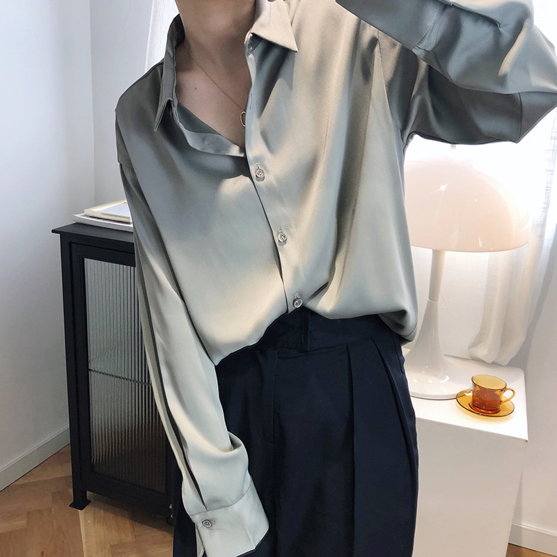 Spring and autumn satin tops pure chiffon shirt for women