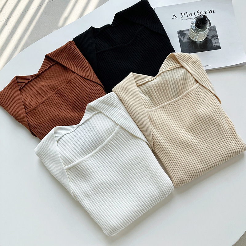 Spring square collar tops long sleeve Pseudo-two clavicle