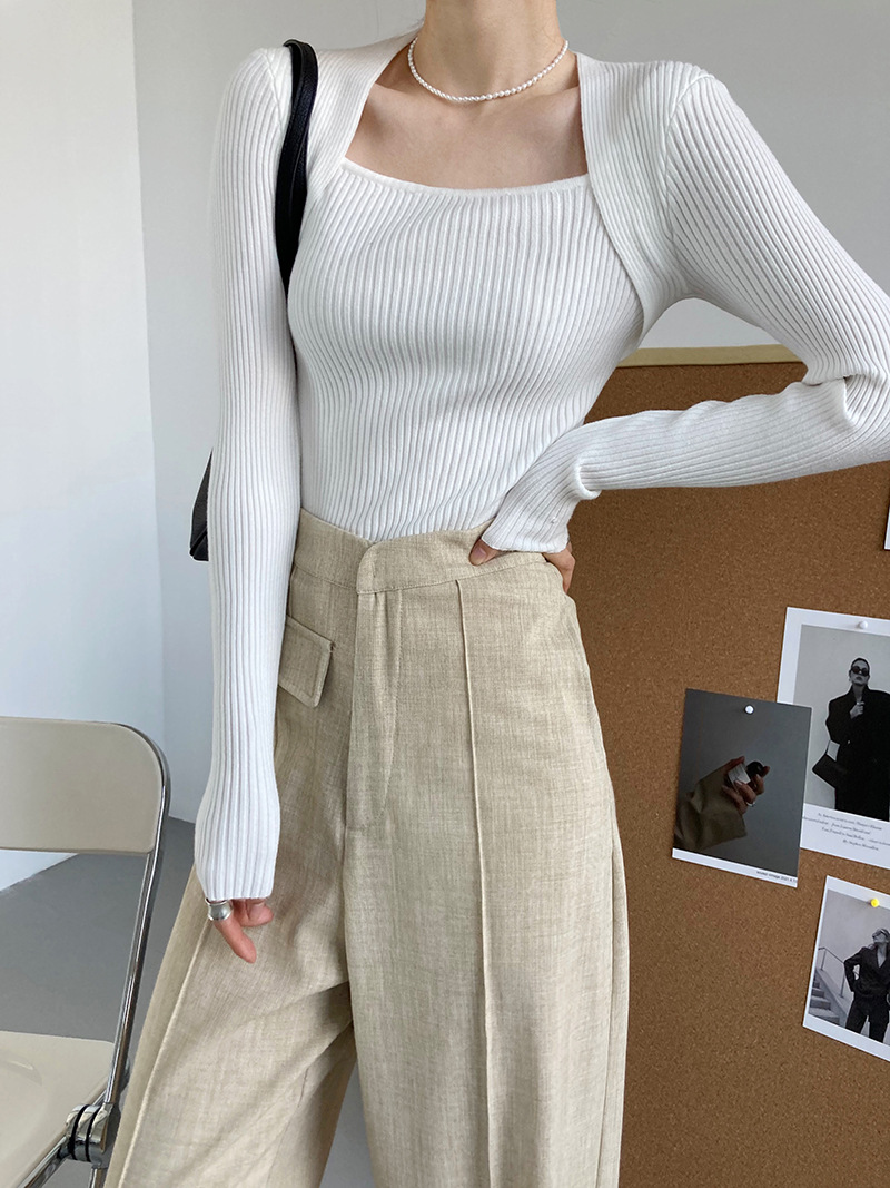 Spring square collar tops long sleeve Pseudo-two clavicle