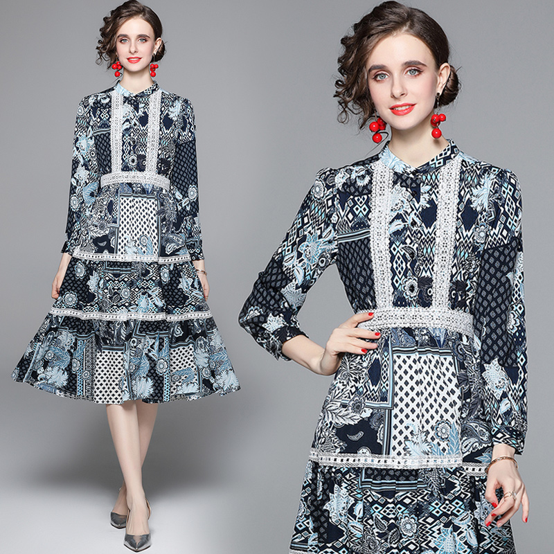 Temperament printing long sleeve slim splice dress