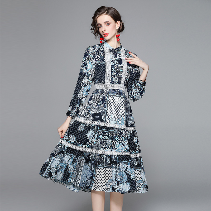 Temperament printing long sleeve slim splice dress