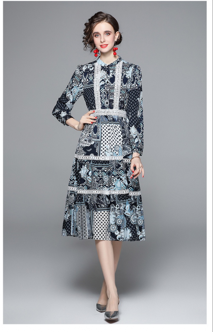 Temperament printing long sleeve slim splice dress