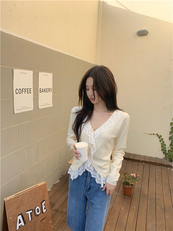 Stitching spring V-neck coat slim lace cardigan