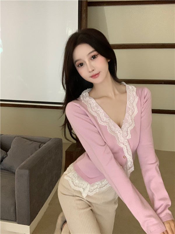 Stitching spring V-neck coat slim lace cardigan