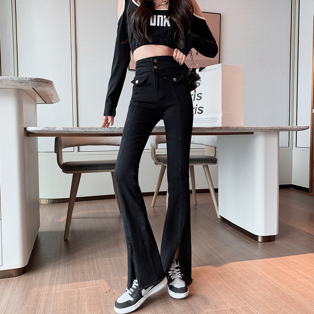 Micro speaker spring jeans slim split flare pants for women