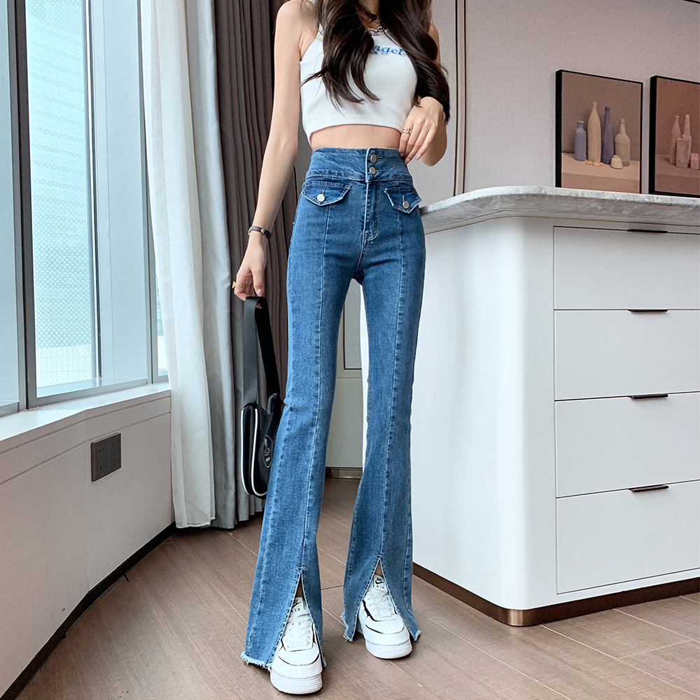 Micro speaker spring jeans slim split flare pants for women