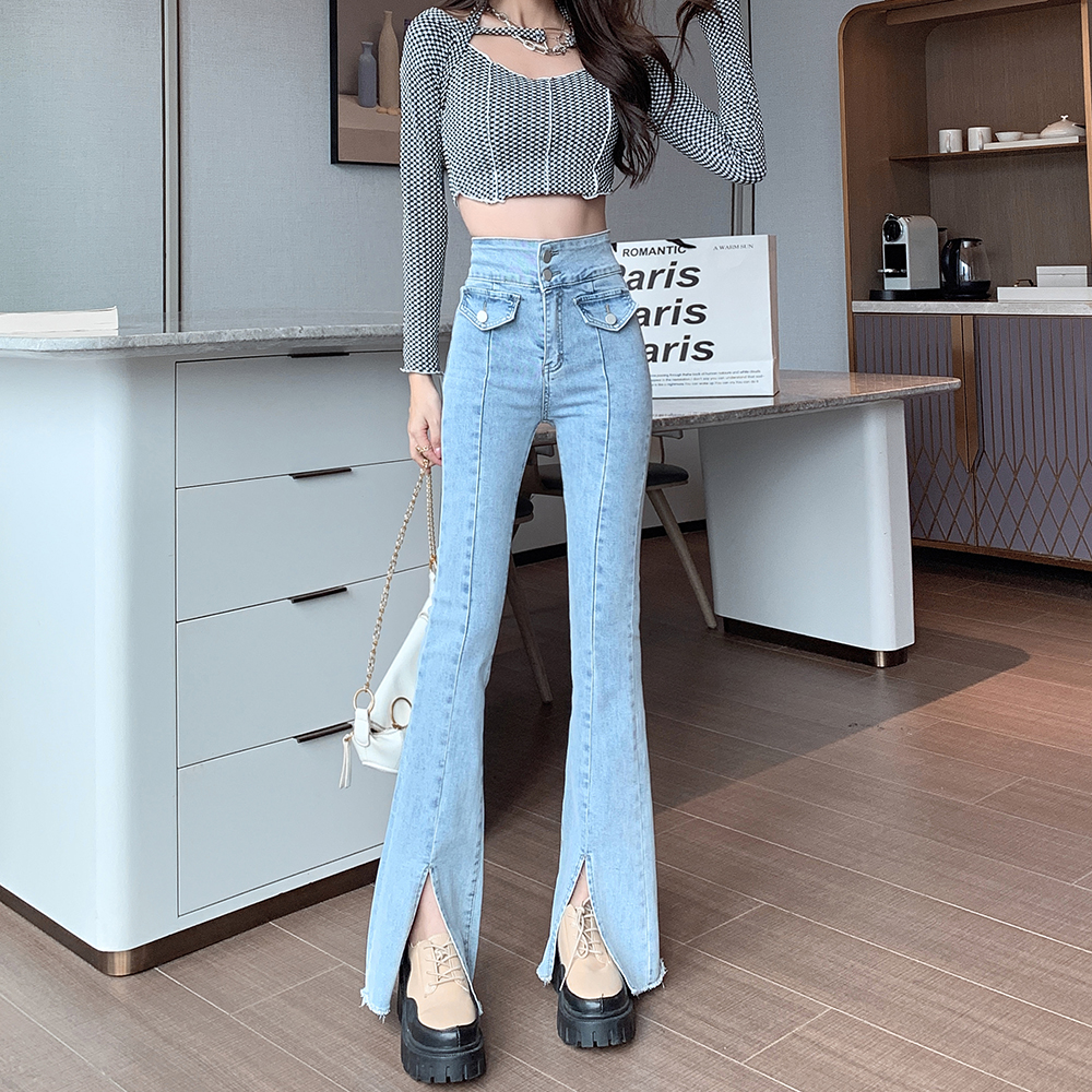 Micro speaker spring jeans slim split flare pants for women