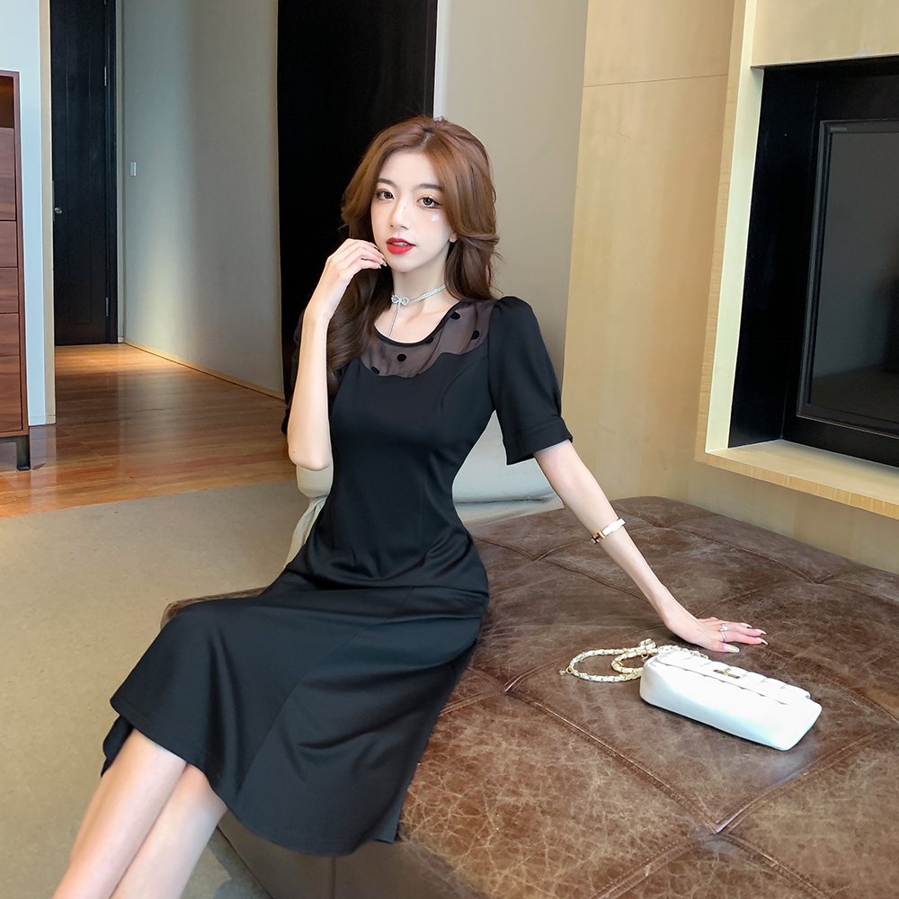 Ladies gauze dress slim wavy collar formal dress