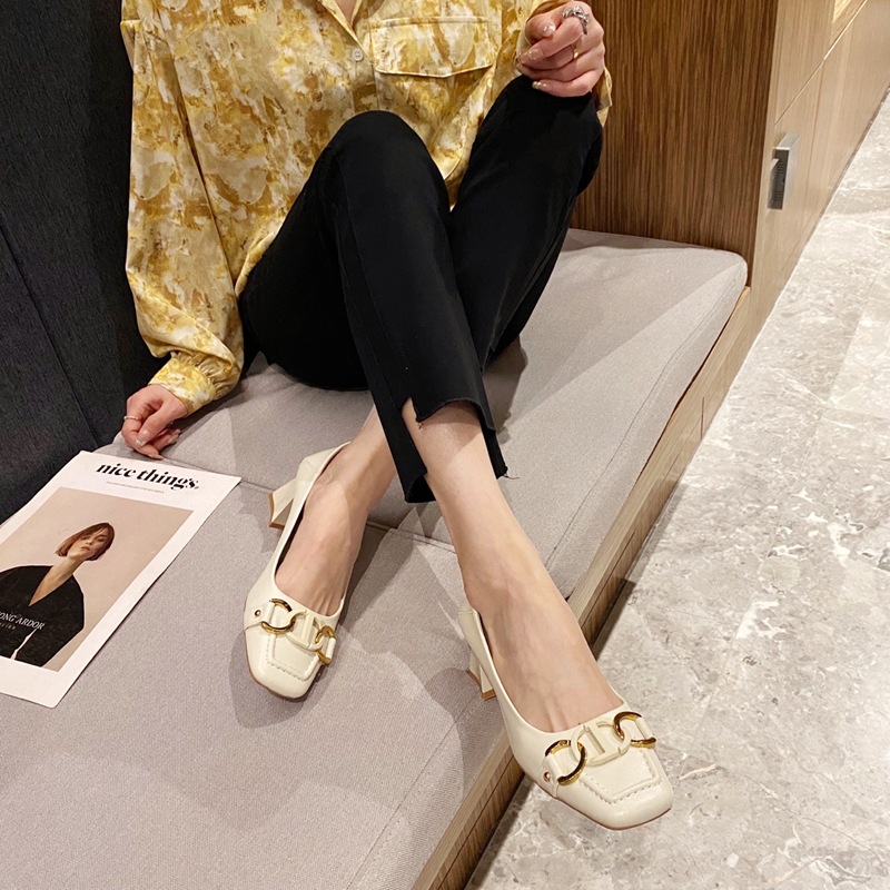 Metal buckles middle-heel Korean style shoes for women