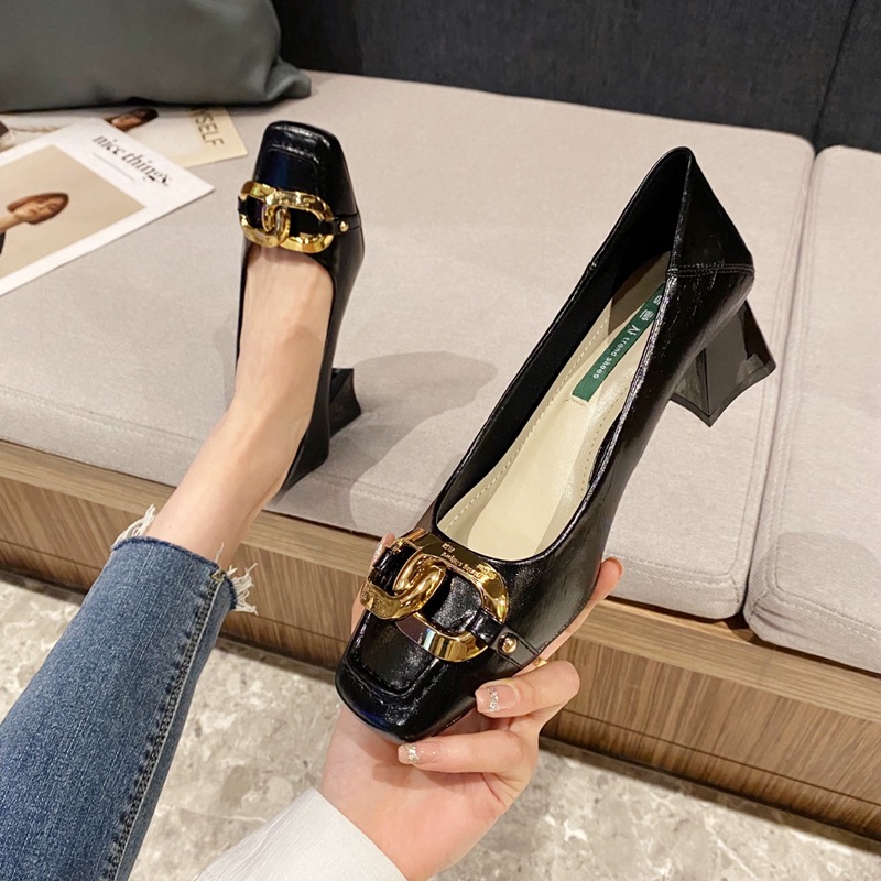 Black thick shoes four seasons high-heeled shoes for women