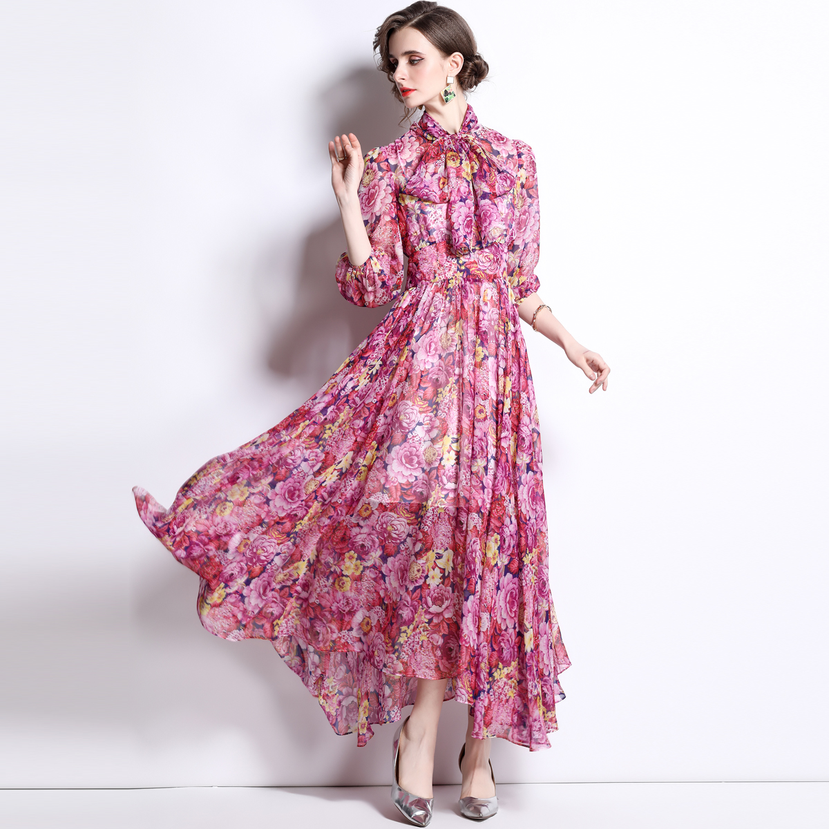 Long sleeve slim dress printing long dress for women