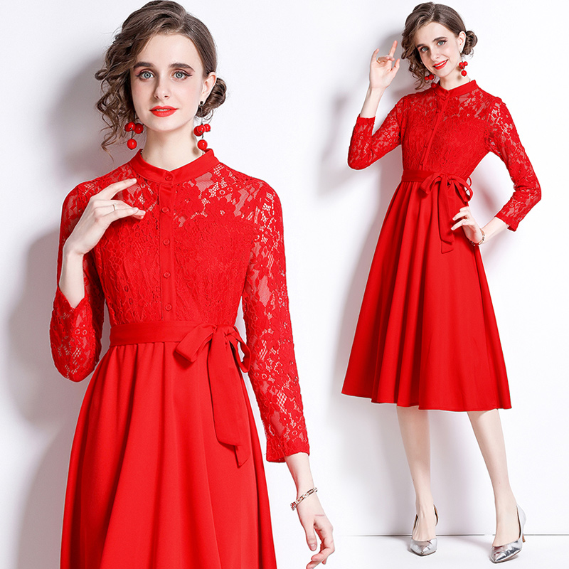 Splice long sleeve slim pure lace fashion dress