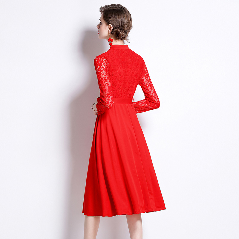 Splice long sleeve slim pure lace fashion dress